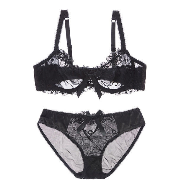 Stickerei-BHs Unterwäsche Damen Set Plus Size Dessous Sexy CD Cup Ultradünner transparenter BH