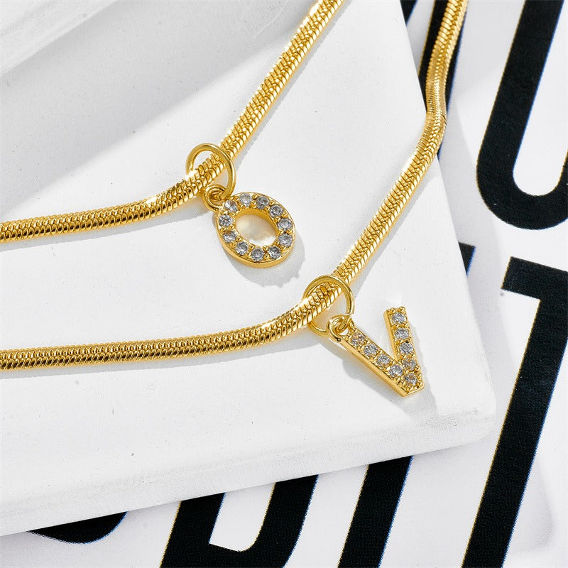 New Fashion Ins Style 26 Letter Zircon Pendant Necklace Personalized Diamond 14K Gold Snake Bone Chain