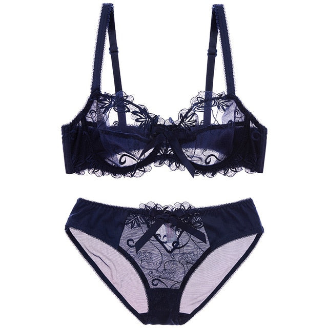 Stickerei-BHs Unterwäsche Damen Set Plus Size Dessous Sexy CD Cup Ultradünner transparenter BH