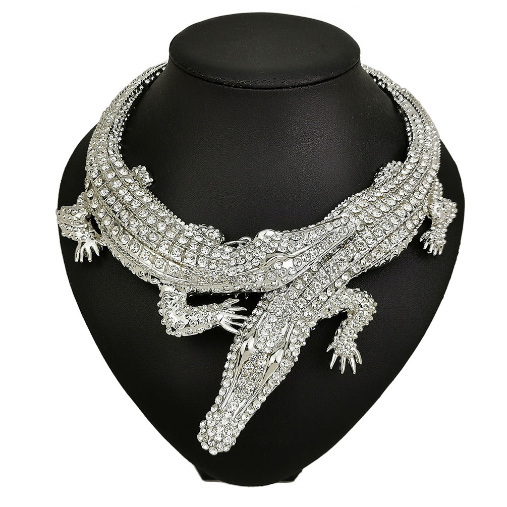 Exaggerated Fashion Double Crocodile Collar Necklace Female Personality Creative Crystal Clavicle Chain