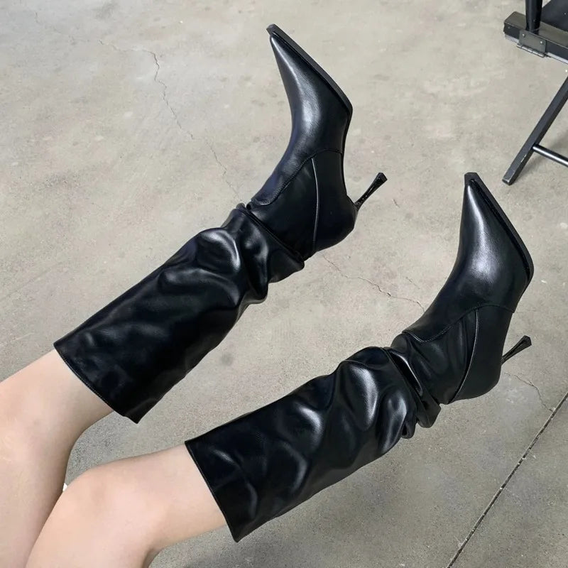 Pointed Toe Pleated Slip-On Knee-High Boots Stiletto Black Long Botines White High Heel Knight Botas Femininas Women Shoes