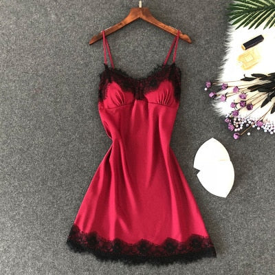 Damen Sexy Dessous Seidennachthemd Sommerkleid Spitze Nachtkleid Nachtwäsche Babydoll Nachthemd Satin Homewear Brustpolster Nachtwäsche