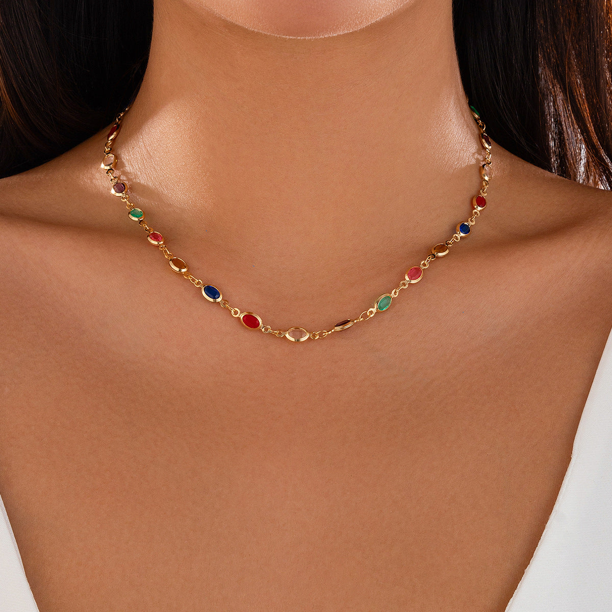 Fashionable colored crystal chain necklace, light luxury style, handmade bead collarbone chain set