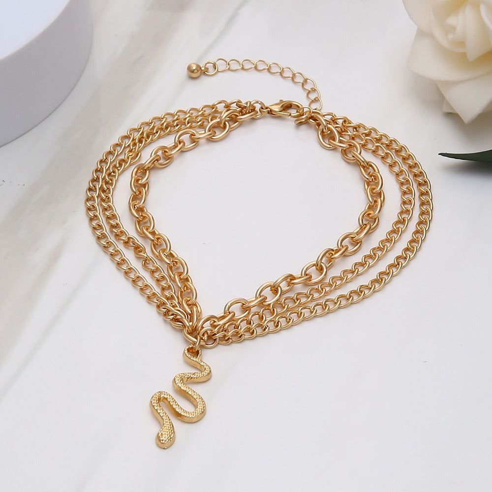 Gold Cross Chain Feet with Tassel Snake Pendant Three Layer Feet Chain