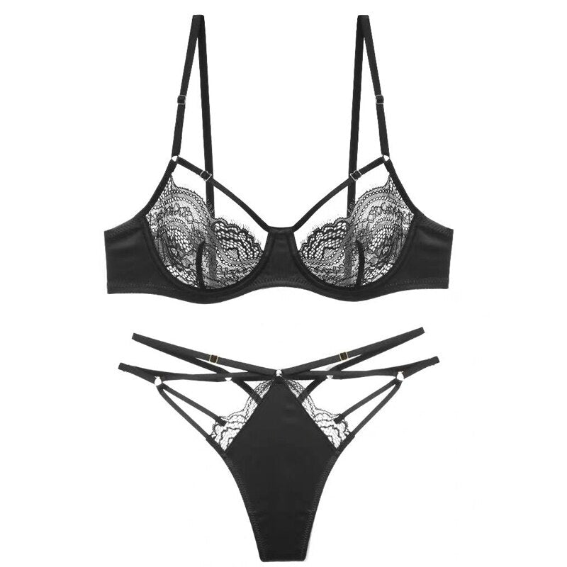 Half Cup Lace Underwire Bra with Panty Underwear Hollow Perspective Ultra-thin Without Inserts Lingerie & Briefs Bralette Set