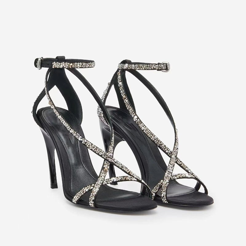 Schmale High Heels mit runder Spitze und offener Spitze und Gürtelschnalle für modische Bankettsandalen