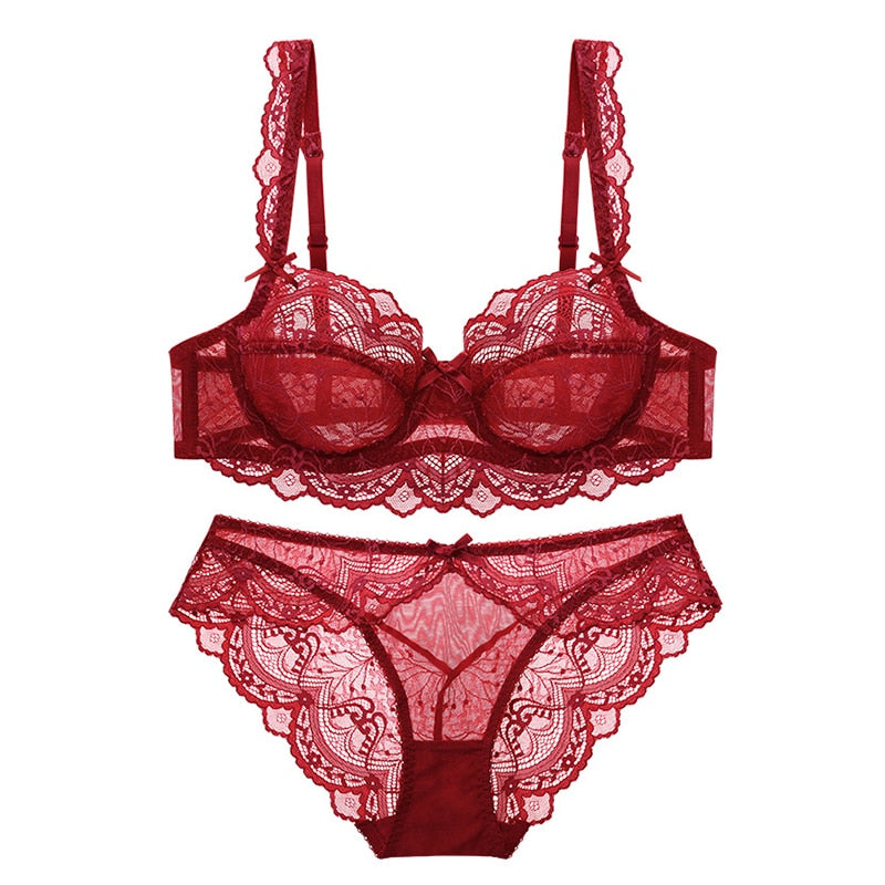 Sexy Spitzen-Set mit ultradünnem, transparentem BH und Höschen in großer Größe, Unterwäsche-Set, Dessous, Damen-Büstenhalter, ABCDE-Cup, 95C 95D 