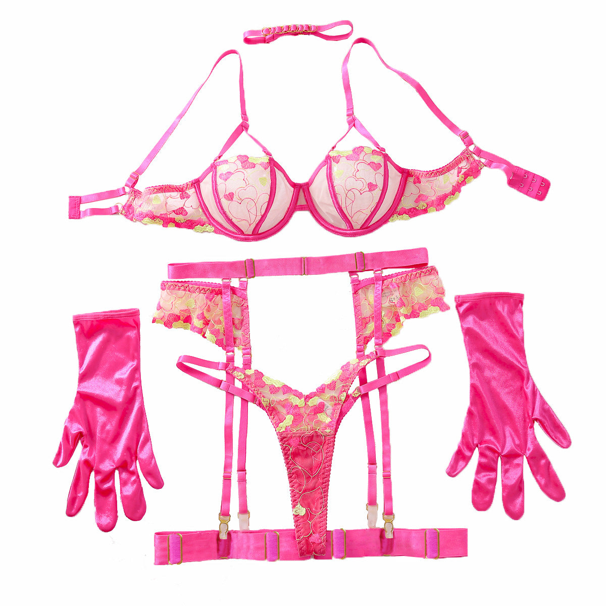 Fluorescent powder perspective sex suit design sense embroidery sexy underwear six piece set