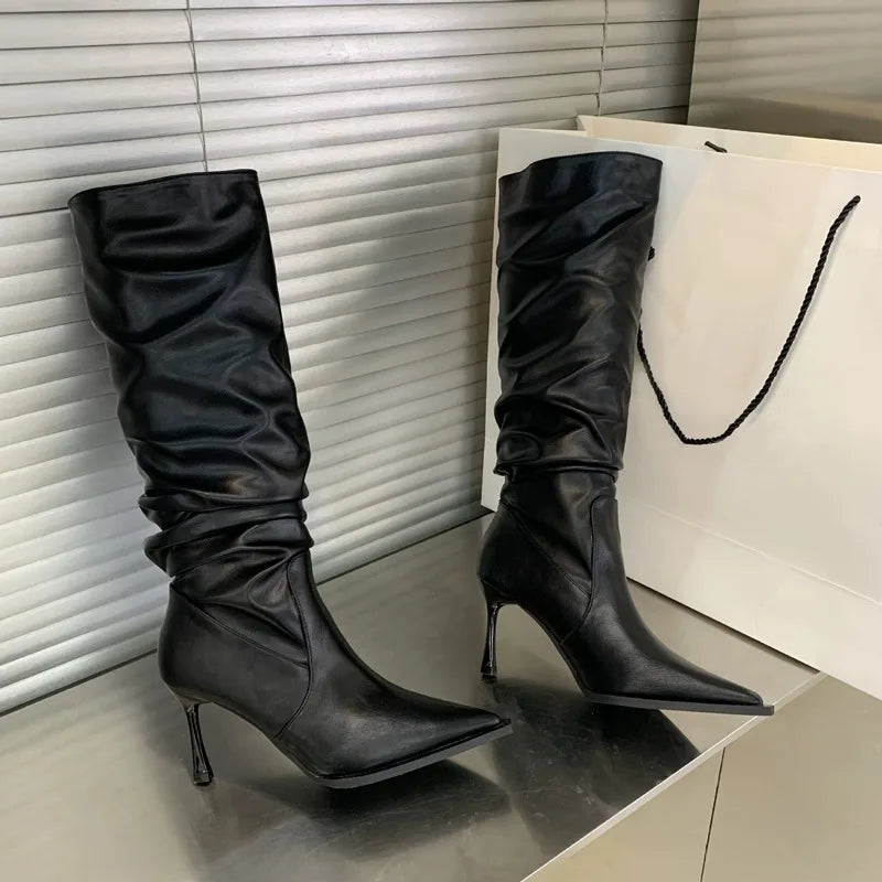 Pointed Toe Pleated Slip-On Knee-High Boots Stiletto Black Long Botines White High Heel Knight Botas Femininas Women Shoes