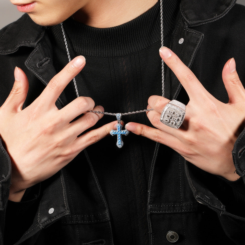 Blue Zircon Cross Necklace Hip Hop Fashion Heavy Industry Diamond Studded Versatile Sweater Chain