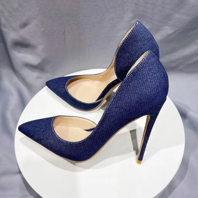 Frauen Navy Blau Denim Stoff Sexy Spitze Zehen High Heel Schuhe Elegante Bequeme Weiche Stiletto Pumps Plus 