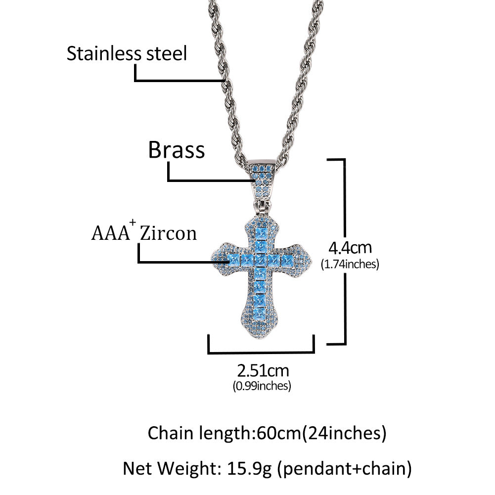 Blue Zircon Cross Necklace Hip Hop Fashion Heavy Industry Diamond Studded Versatile Sweater Chain