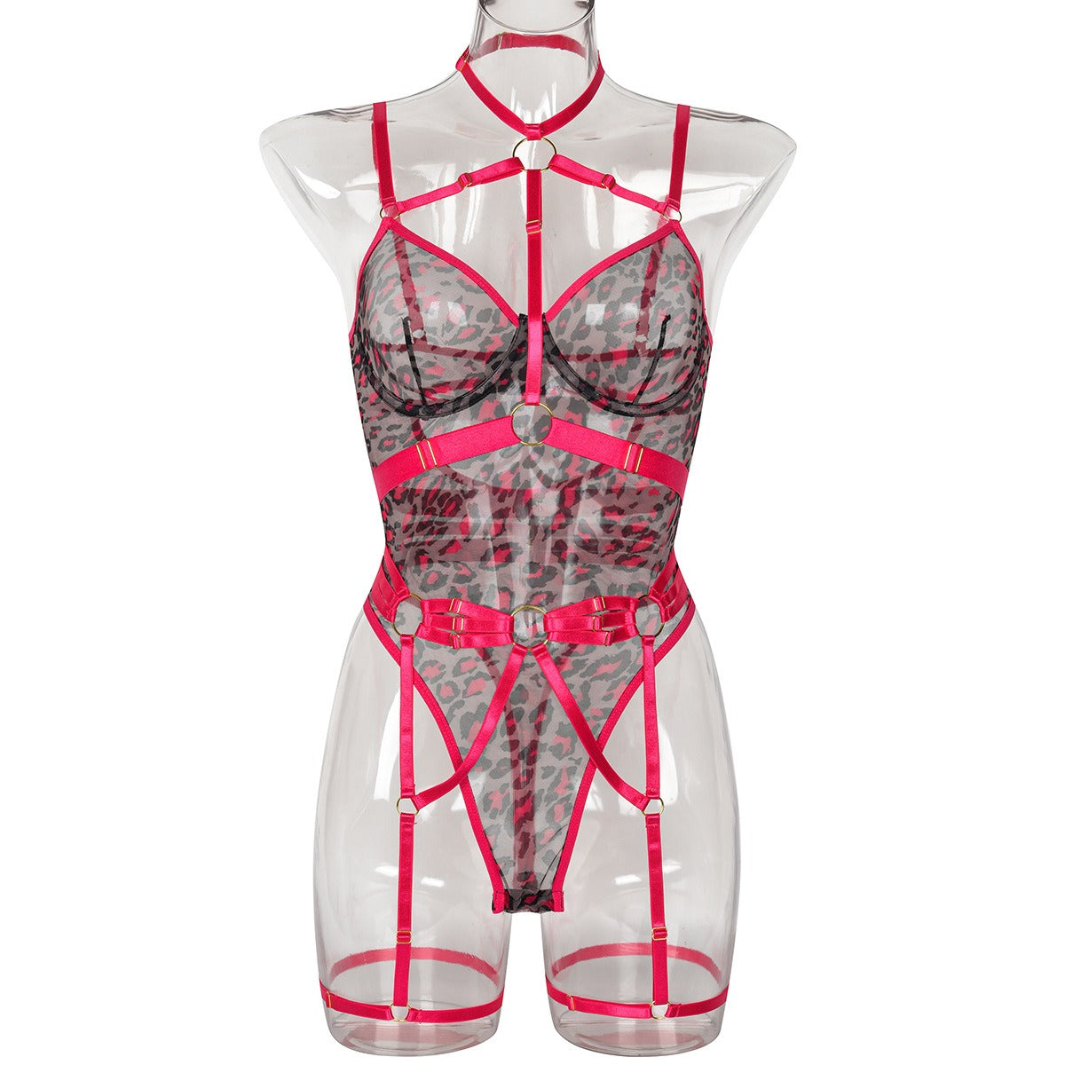 New Leopard Print See Through Mesh Bandage Sexy Lingerie With Underwire Sexy Body Shaping Jumpsuit