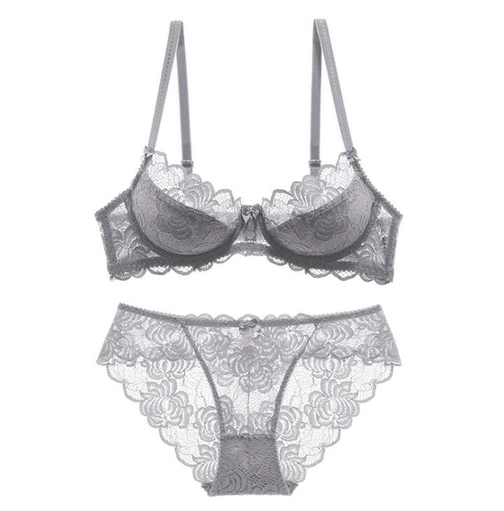 Sexy BH Ultradünnes Unterwäscheset Übergröße CD Cup Damen Transparente BH-Sets Spitzenstickerei Dessous Grau Büstenhalter