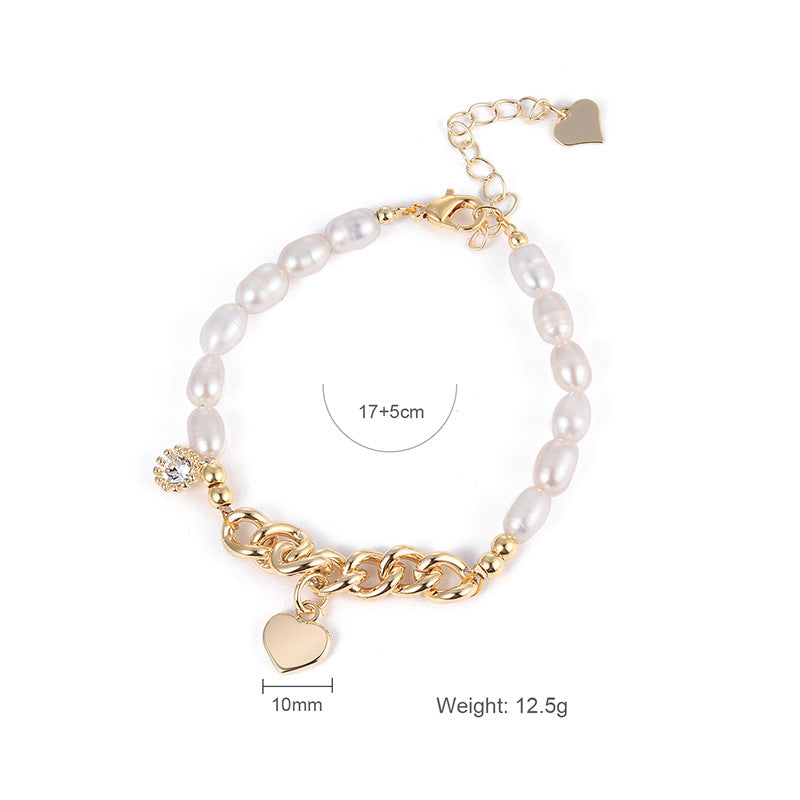 Fashion Freshwater Pearl Copper Inlaid Zirconium Heart Pendant Metallic Chain Design Simple Fresh Bracelet