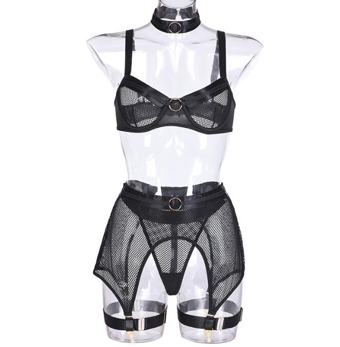 Sexy Dessous Vierteiliges Set Mesh Eisenring Nähte Kragengitter Sexy Damenunterwäsche