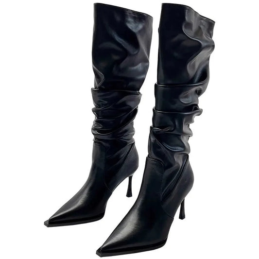 Pointed Toe Pleated Slip-On Knee-High Boots Stiletto Black Long Botines White High Heel Knight Botas Femininas Women Shoes