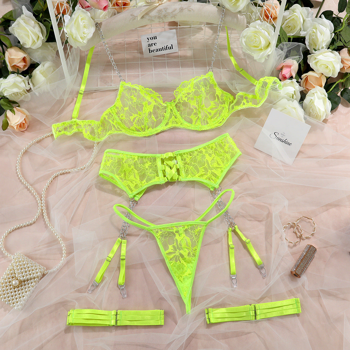 Ins Mesh Embroidery Hanging Chain Garter Socks Hollow Cross Erotic Lingerie Four-Piece Set