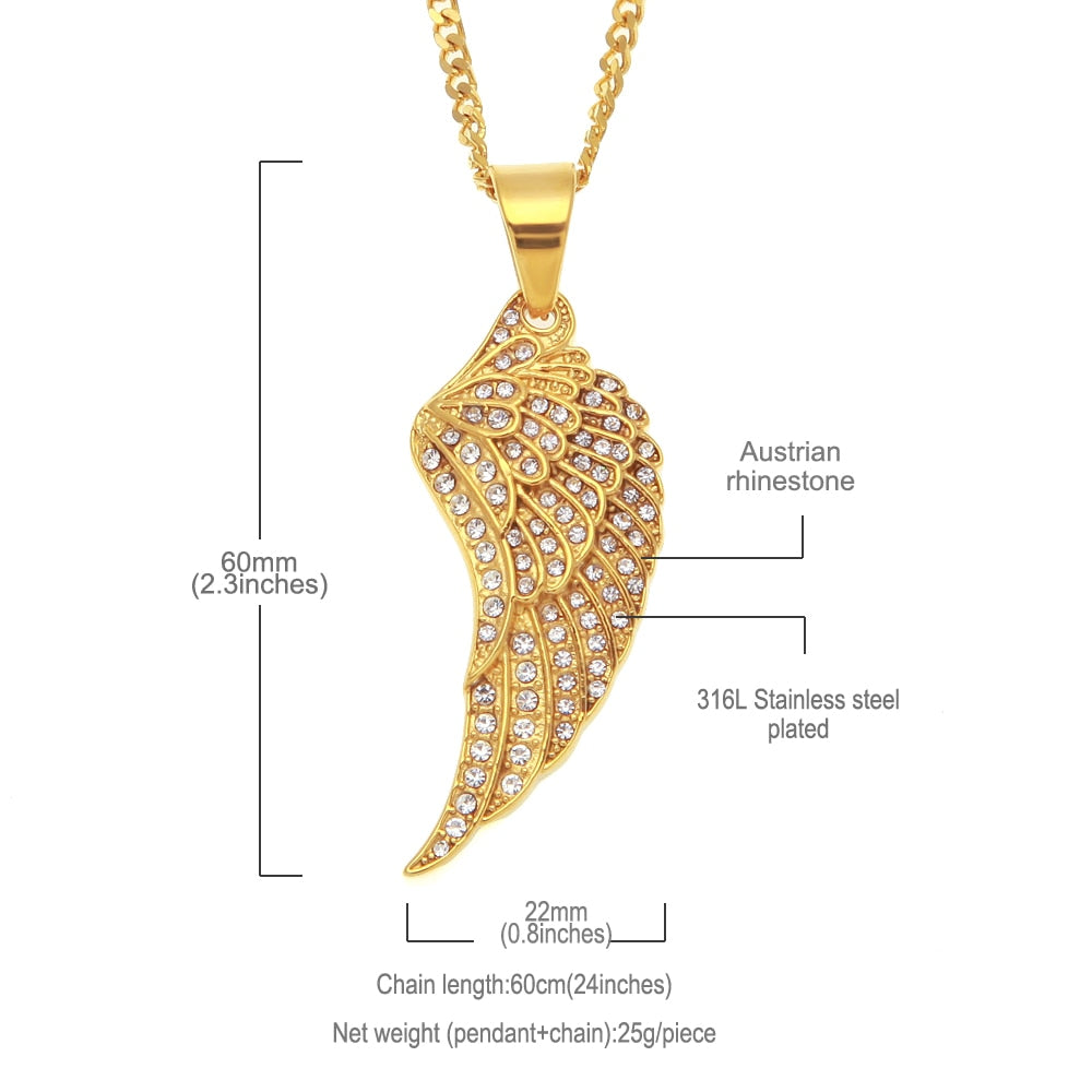 Feather Wing Pendant Necklace High Quality Stainless Steel Hiphop Gold Color Iced Out Rhinestones Chain