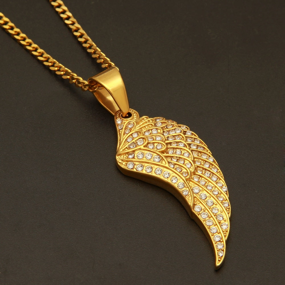 Feather Wing Pendant Necklace High Quality Stainless Steel Hiphop Gold Color Iced Out Rhinestones Chain