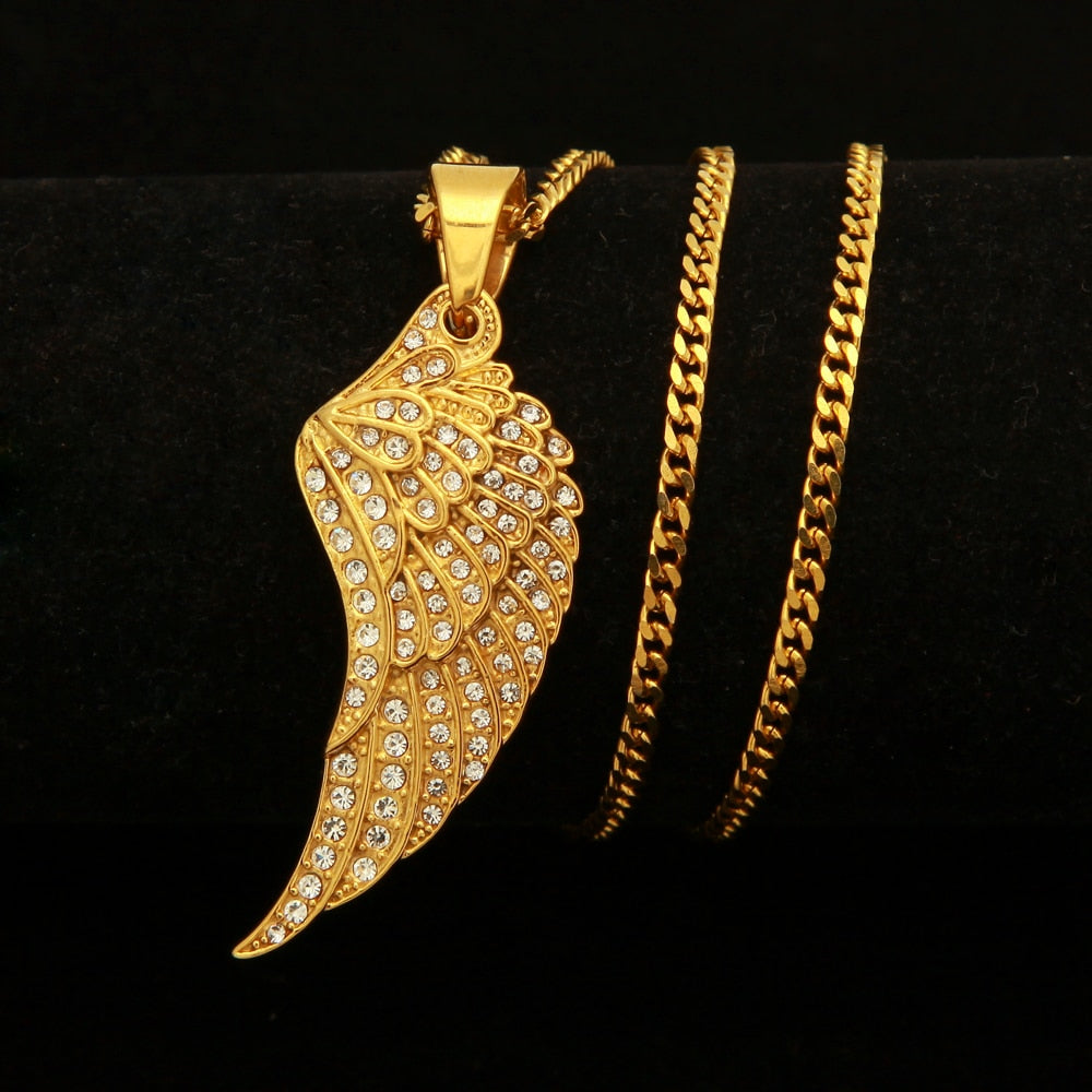 Feather Wing Pendant Necklace High Quality Stainless Steel Hiphop Gold Color Iced Out Rhinestones Chain