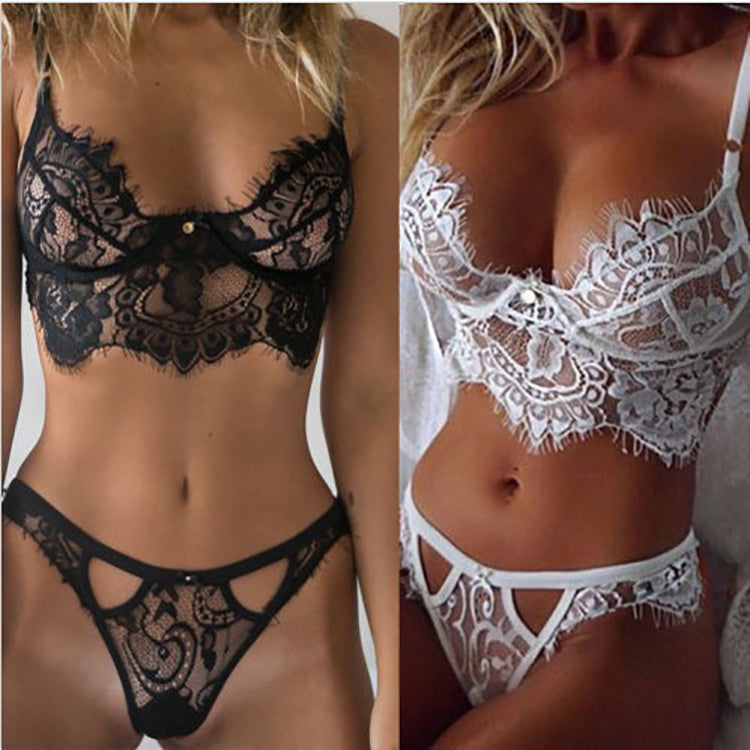 Sexy BH Dessous Spitzen-BHs G-String Transparentes ungepolstertes Mesh-Bralette-Set Damen BH mit weißen Besatzträgern Weicher tiefer V-Ausschnitt mit überkreuztem Rücken 