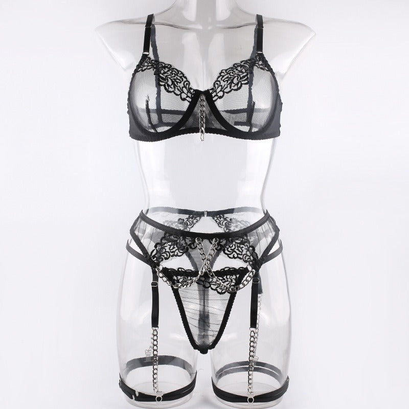 Fashion New Style With Metal Chain Embroidery Sexy Underwear Four-Piece Set With Leg Girt