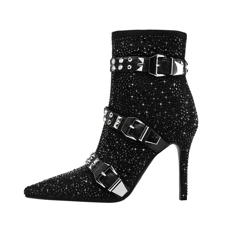 Fashion Crystal Stud Buckle Motorcycle Ankle Boots Womens Pointed Toe Strange Heels Short Booties Ladies High Heels Party Shoes