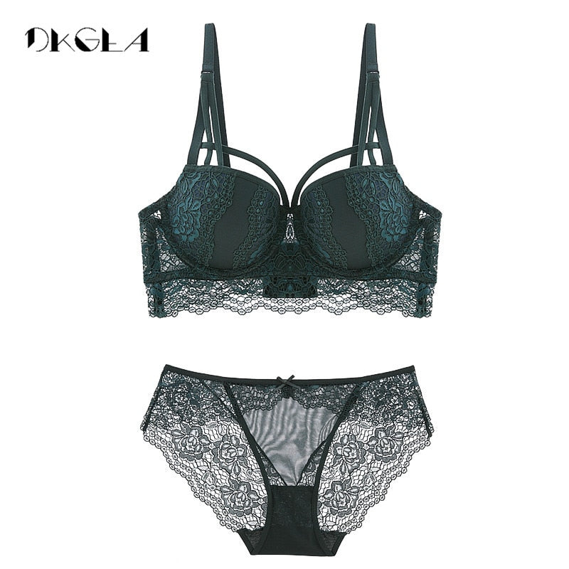 Top Sexy Unterwäsche Set Baumwolle Push-Up BH und Höschen Sets 3/4 Cup Marke Grüne Spitze Dessous Set Frauen Tiefe V Büstenhalter Schwarz