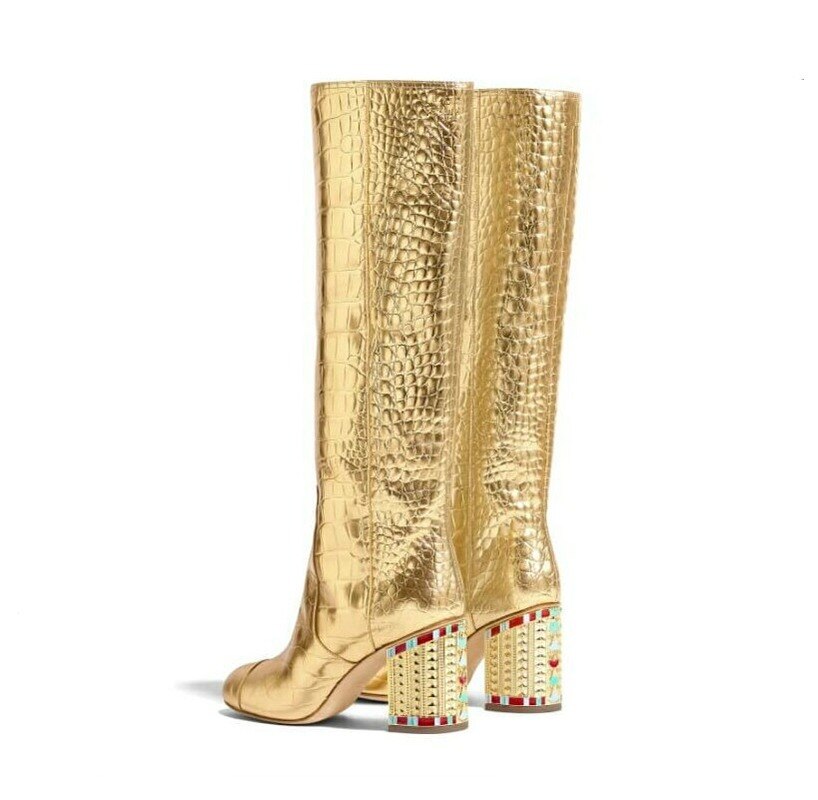 Damen Stiefel mit spitzer Zehenpartie und Krokodilmuster, goldene Glitzer-Strasssteine, kniehohe Overknee-Stiefel mit Blockabsatz, echtes Leder 