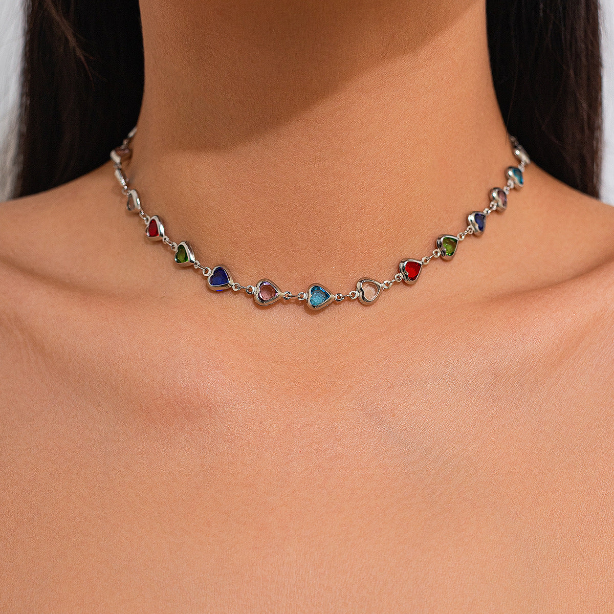 Fashionable colored crystal chain necklace, light luxury style, handmade bead collarbone chain set