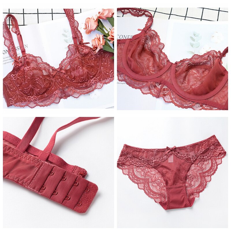 Sexy Spitzen-Set mit ultradünnem, transparentem BH und Höschen in großer Größe, Unterwäsche-Set, Dessous, Damen-Büstenhalter, ABCDE-Cup, 95C 95D 