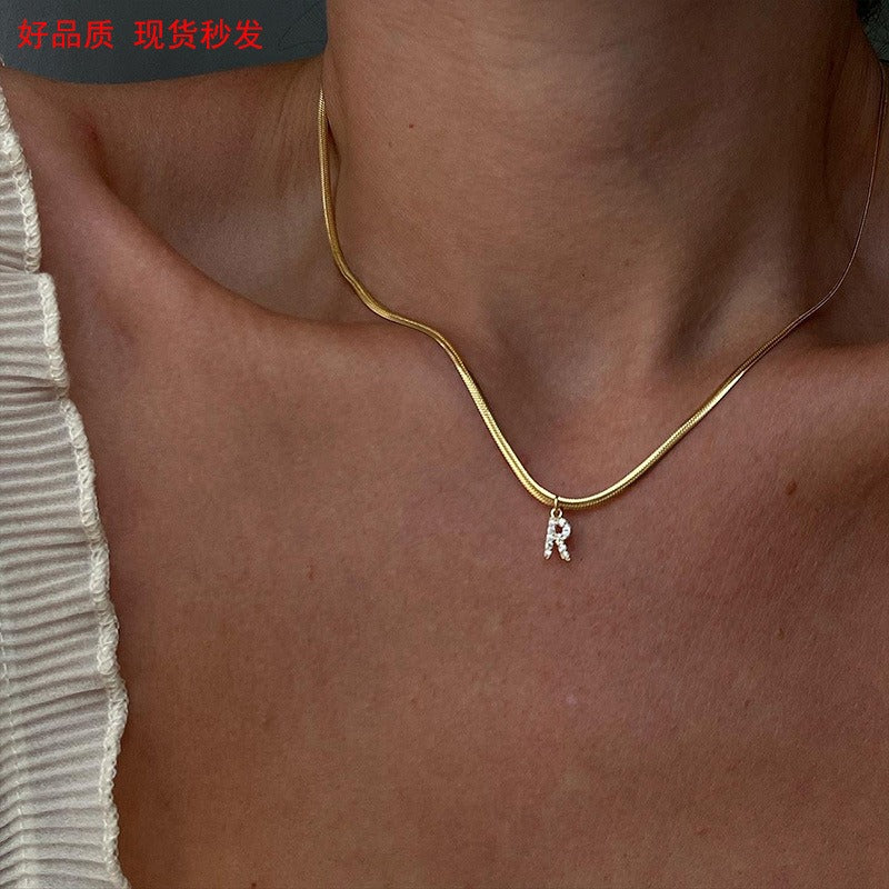 New Fashion Ins Style 26 Letter Zircon Pendant Necklace Personalized Diamond 14K Gold Snake Bone Chain