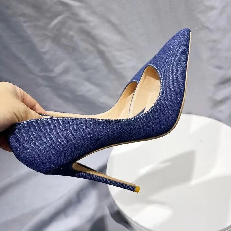 Frauen Navy Blau Denim Stoff Sexy Spitze Zehen High Heel Schuhe Elegante Bequeme Weiche Stiletto Pumps Plus 