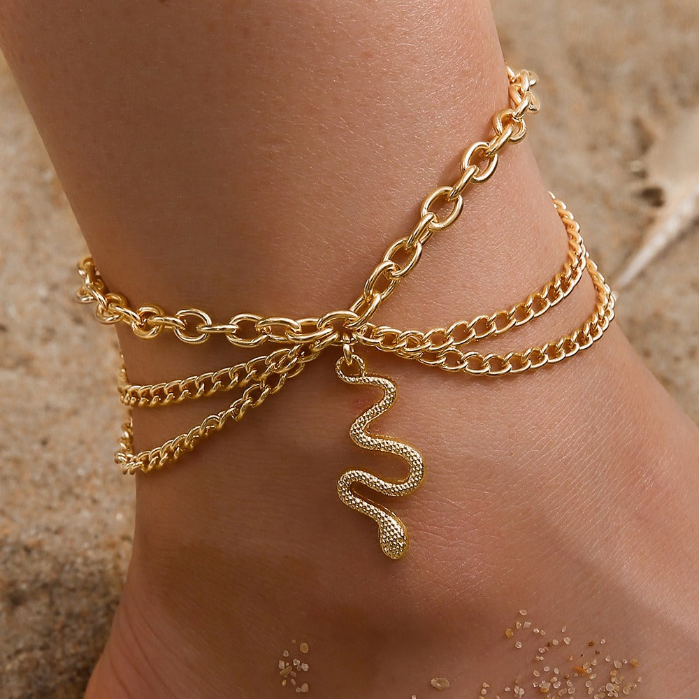 Gold Cross Chain Feet with Tassel Snake Pendant Three Layer Feet Chain