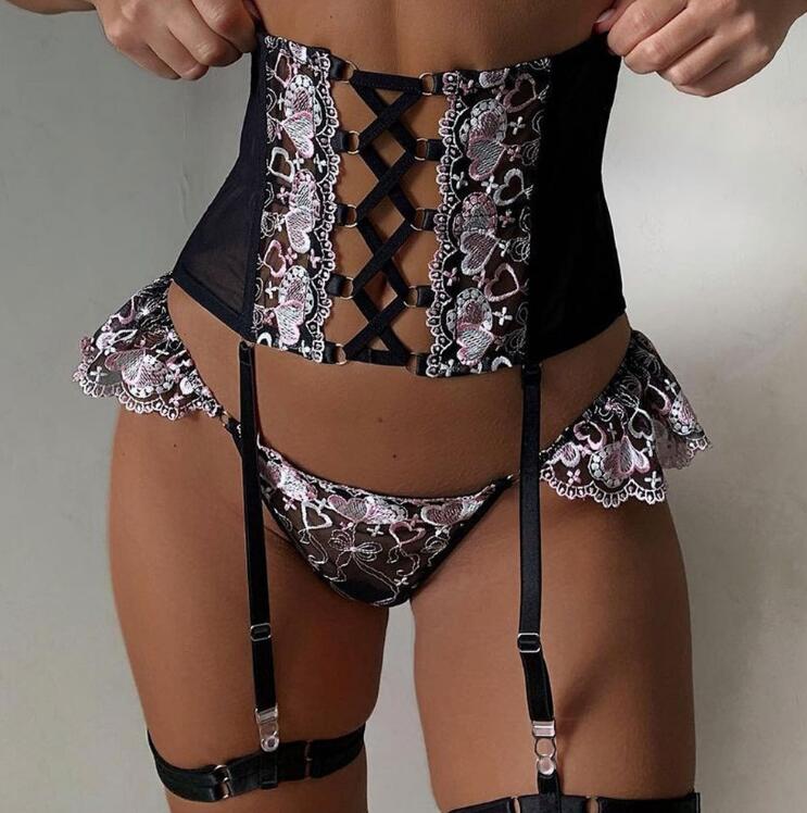 Drei Stücke Weibliche Sexy Dessous Liebe Stickerei Gürtel Kreuz Strap Sexy Dessous 