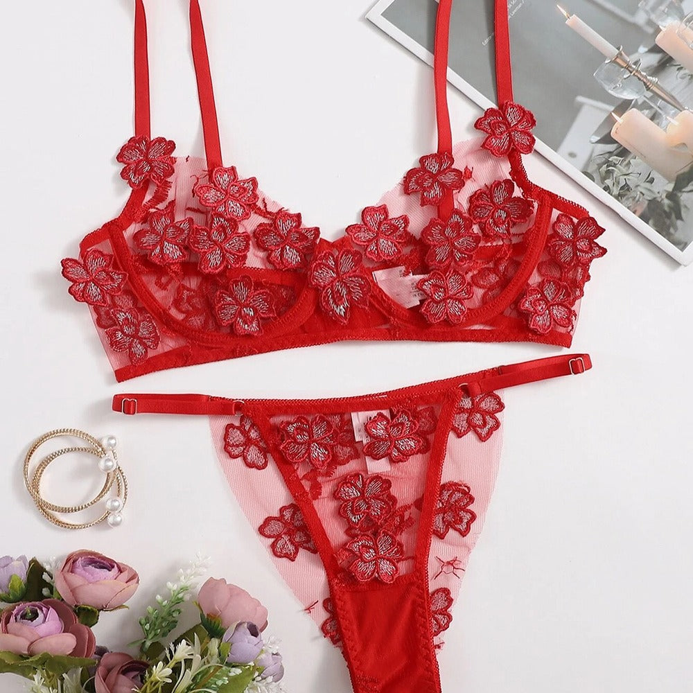 Funny Set Women's Small Fresh Flower Embroidery Applique Mesh Sexy Bra Underwear