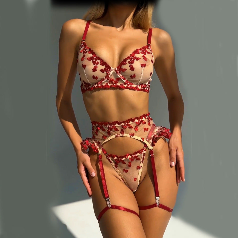 Sexy Dessous vierteiliges Set mit Herzstickerei Mesh Dessous sexy BH